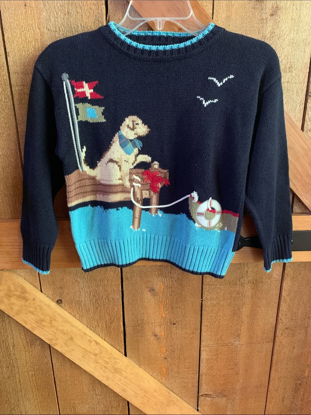 Hartstrings Navy Blue Puppy Dock Sweater with Turquoise Trim